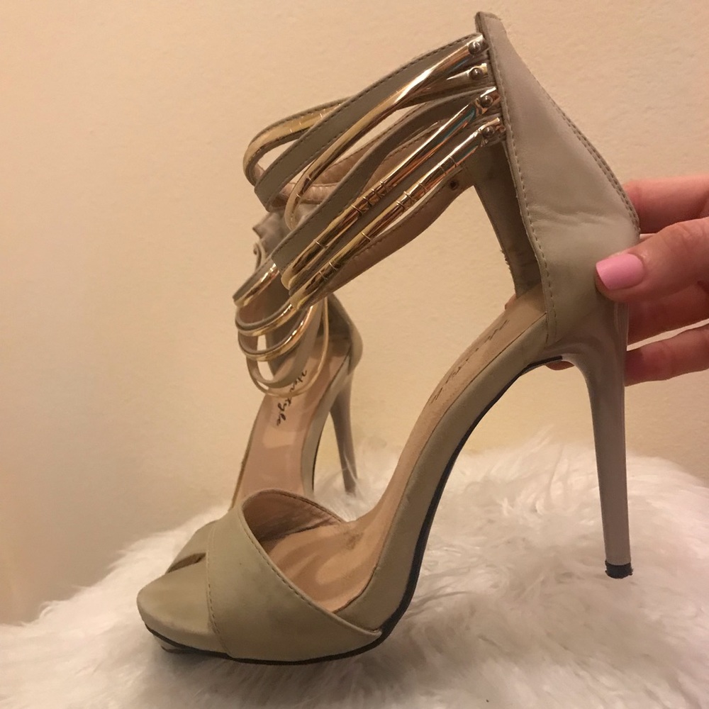 Tan heels with gold straps